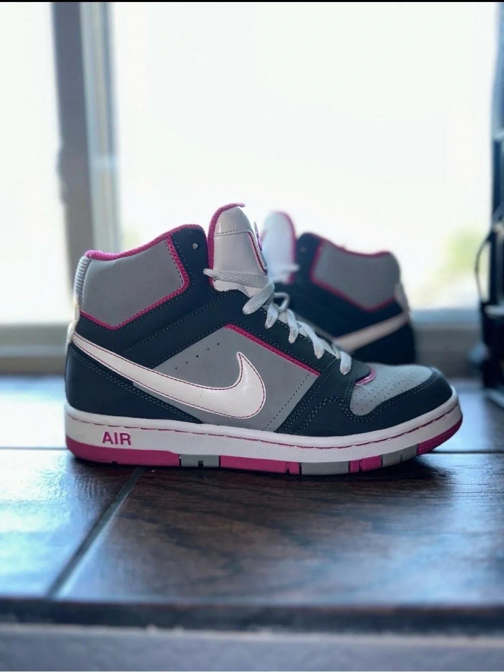 Nike High-Top Sneakers in White, Gray & Pink Accent